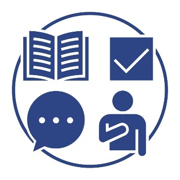 A book, a speech bubble, a tick and a person pointing to themself. 