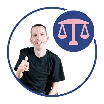 A person with disability giving a thumbs up. Next to them is a balanced scale.