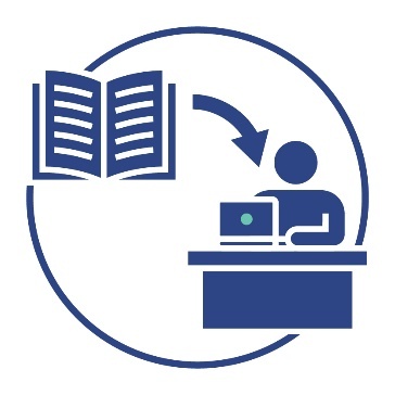 A book with an arrow pointing to a person working at a computer.