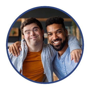 A person with disability with their arms around someone's shoulder.