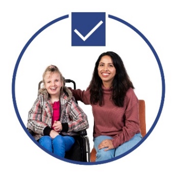 A person supporting a young person with disability. Above them is a ticked box.