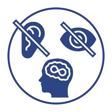 An icon of a brain with an infinity sign and icons of an ear and eye with a strike through them.
