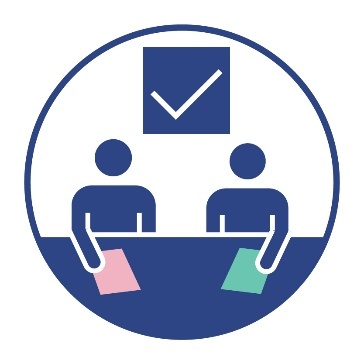 2 people working on a document and above them is a ticked box.