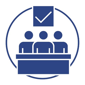 A group of people behind a podium and above them is a checked box. 