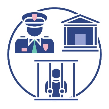 A police officer, a court house and a person in prison. 